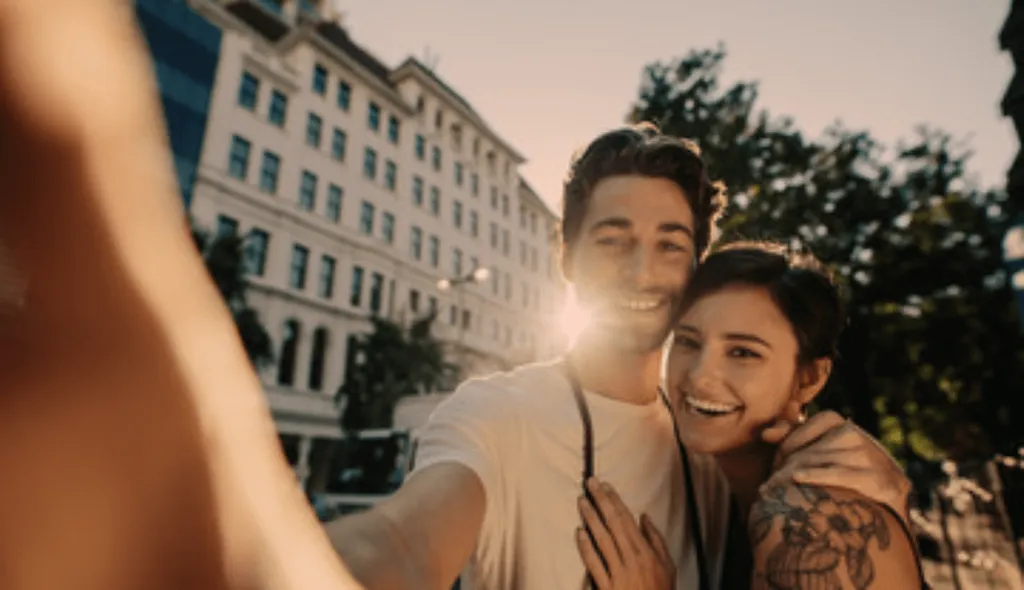 A man and woman closed together, clicking a selfie outside