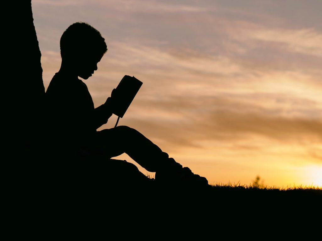 silhouette d'un enfant assis derrière un arbre pendant le coucher du soleil