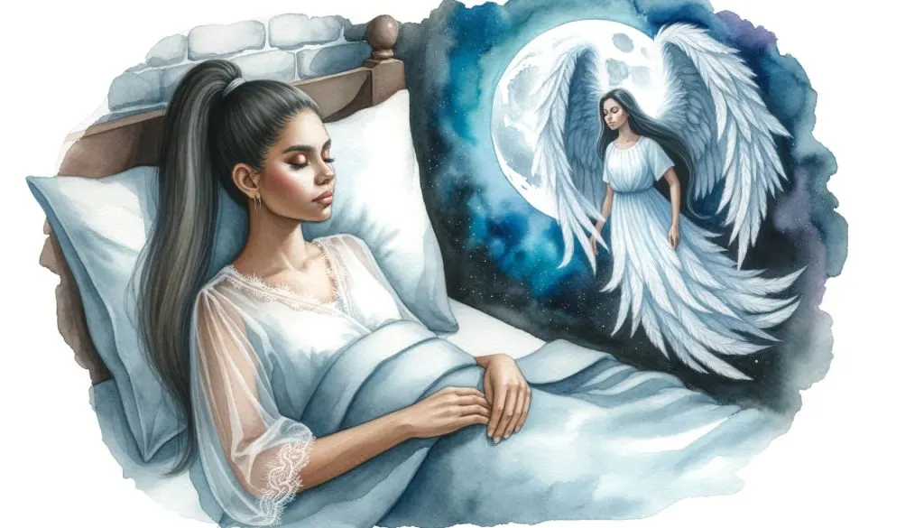 Image of woman lying awake in bed with angel hovering over her while she is thinking why do I wake up at 3am. 